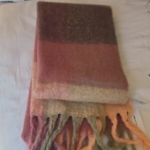 Urban Outfitters Colorblock Fringe Wool Scarf in Pink, Green, Peach, Brown